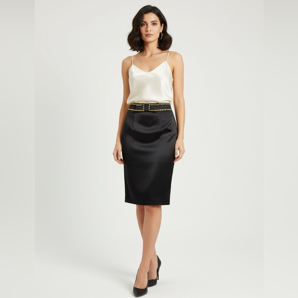 RED Valentino Midnight Blue Satin Pencil Skirt with Jewel Embellished Waist EU38